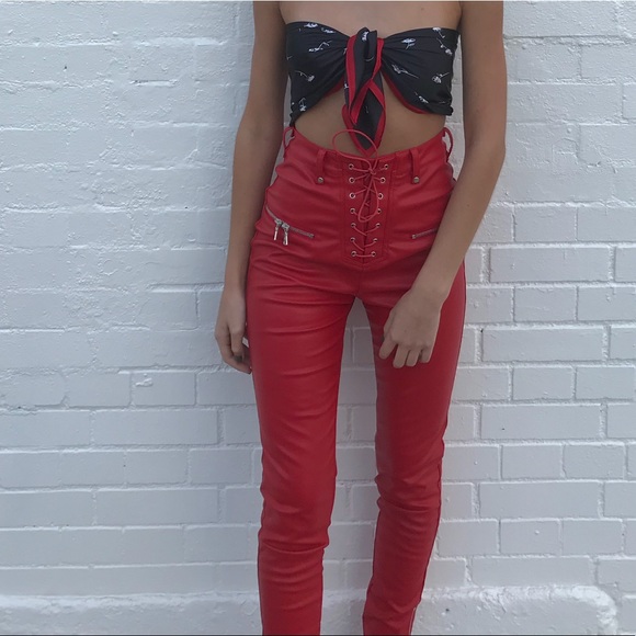 red pleather pants